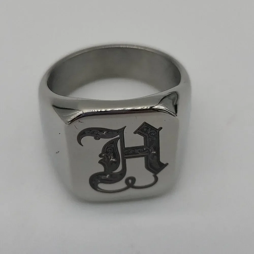 Men’s Stainless Steel Initial H Signet Ring Size 9 Engraved Handmade NWT